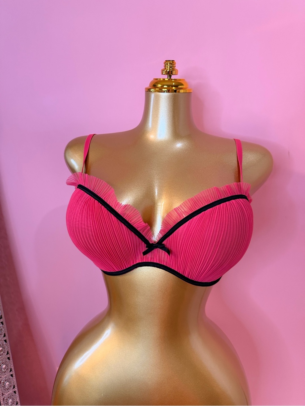 Pink Pleated Push-Up Bra with Black Trim